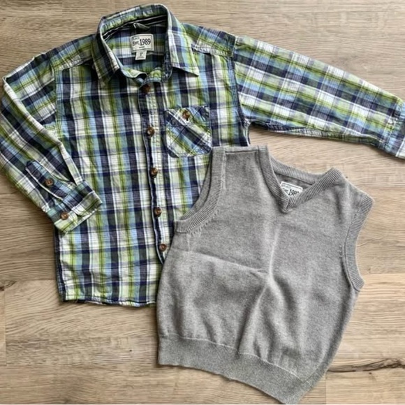 The Children's Place Other - Plaid Button Up Shirt | Gray Sweater Vest | Boys | Size 4 | Children’s Place